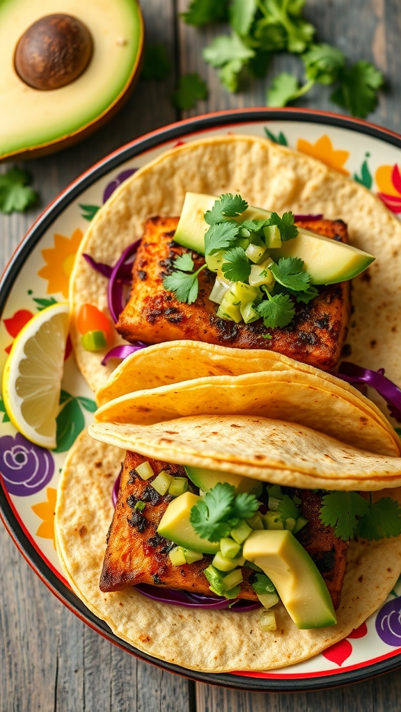 Black Cod Tacos with Avocado Salsa on a colorful plate