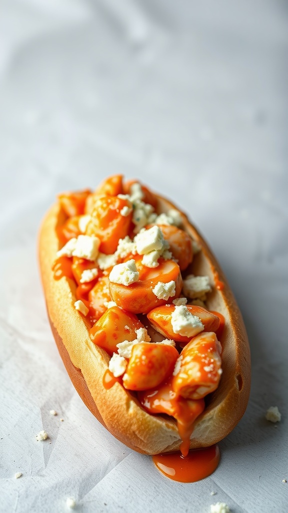 Buffalo lobster roll topped with blue cheese and buffalo sauce