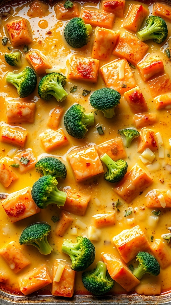 A close-up of a cheesy casserole with broccoli and salmon.