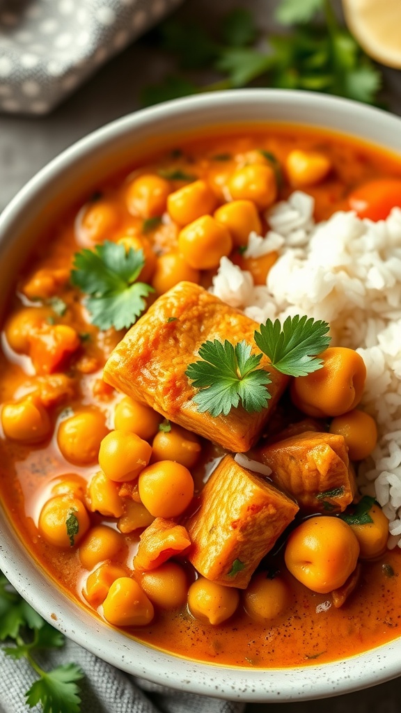 A bowl of canned salmon and chickpea curry served with rice, garnished with cilantro.