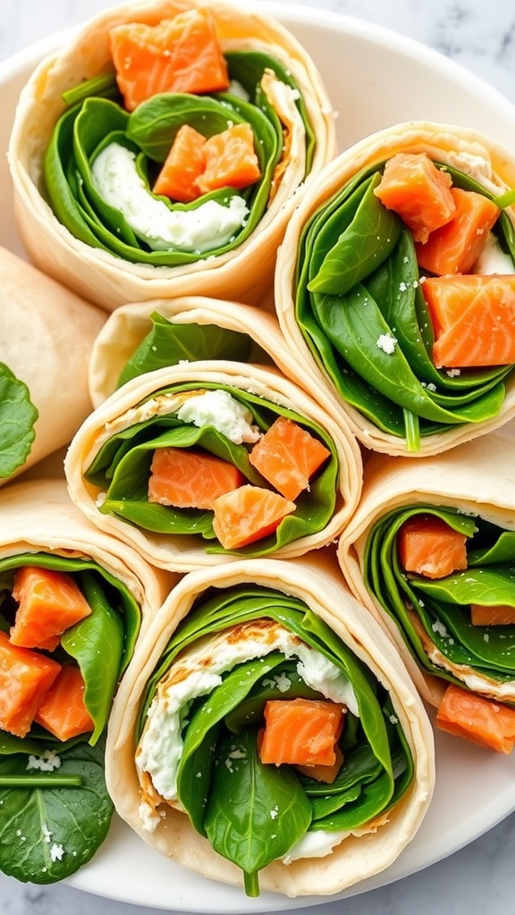 Canned salmon and cream cheese wraps with spinach on a plate