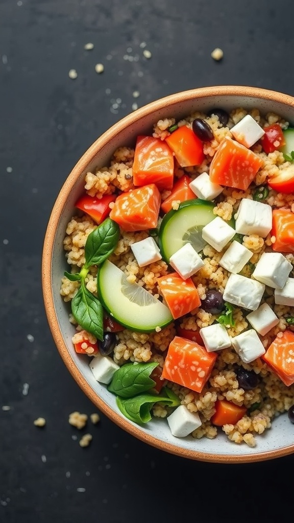 A colorful bowl of canned salmon and quinoa salad with cucumber and feta.