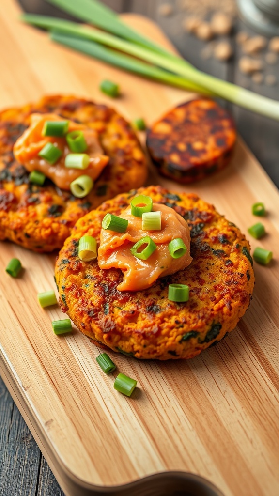 Canned salmon and sweet potato cakes garnished with green onions on a wooden platter.