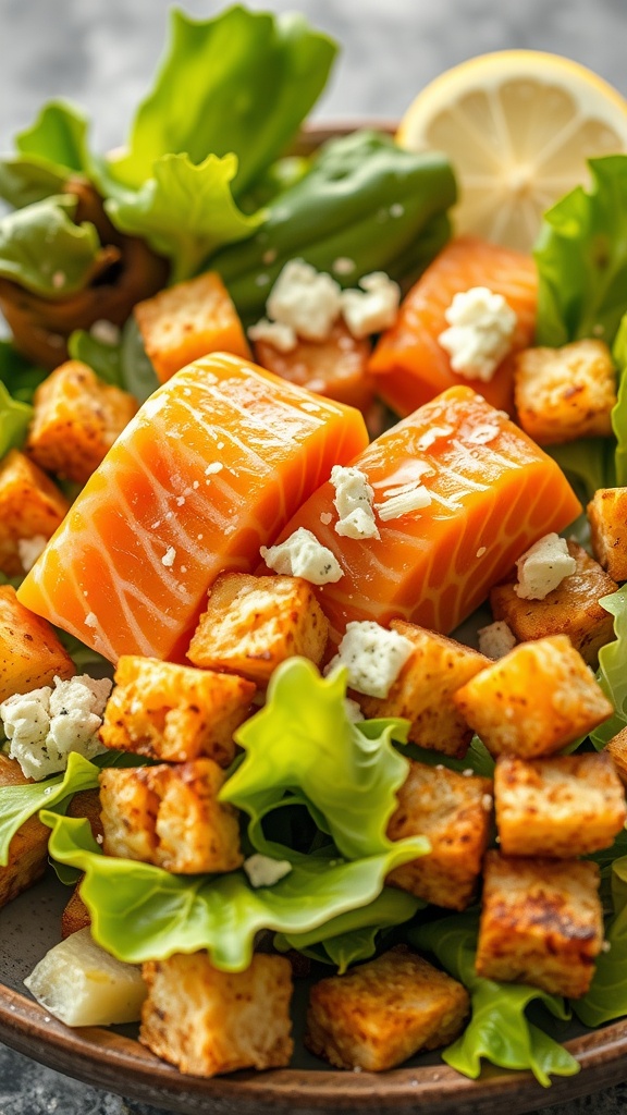 A delicious Canned Salmon Caesar Salad with lettuce, salmon, croutons, and dressing.