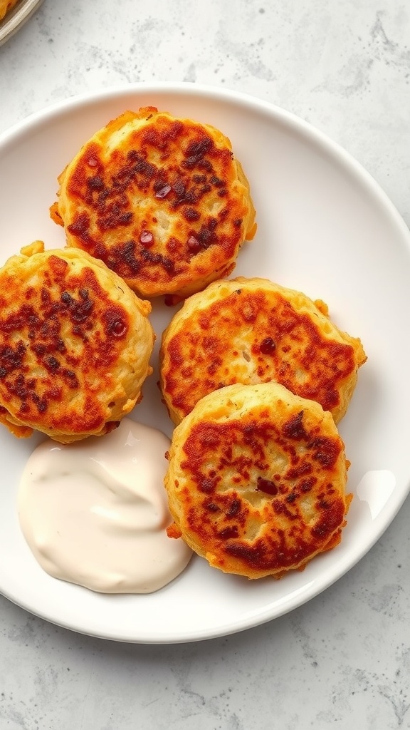Canned salmon patties served with tartar sauce on a plate