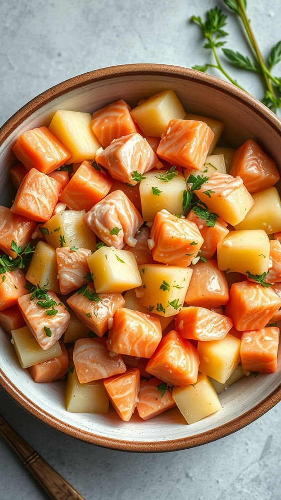 A bowl of canned salmon potato salad with diced potatoes and parsley.