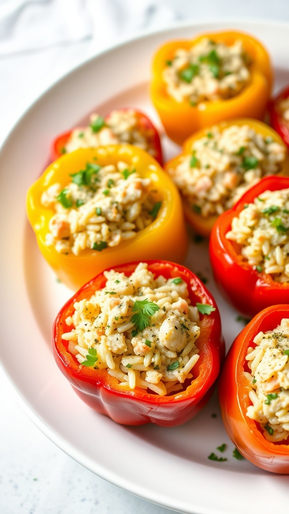 Canned salmon stuffed bell peppers filled with rice and topped with herbs