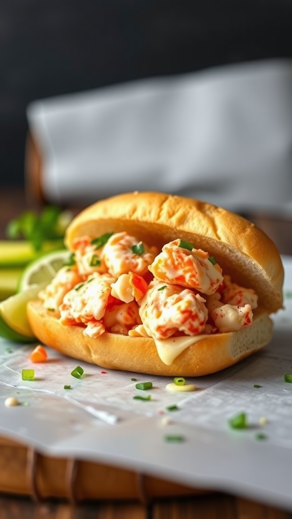 A delicious Chipotle Lobster Roll with Lime, featuring lobster meat in a bun with lime wedges.