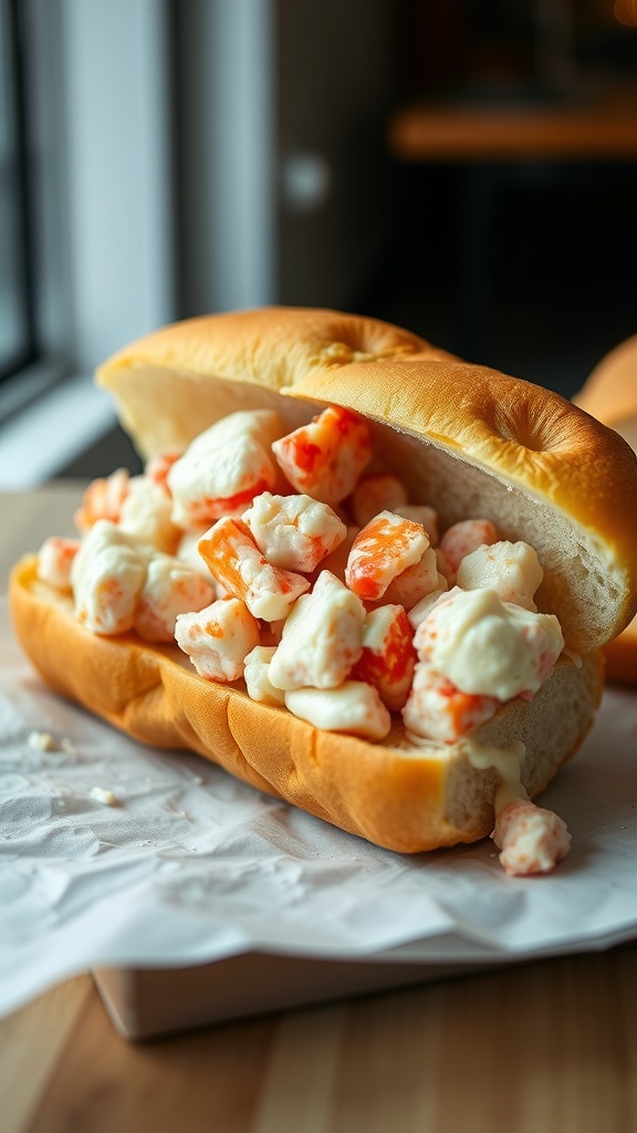 A classic New England lobster roll filled with fresh lobster meat in a toasted bun.