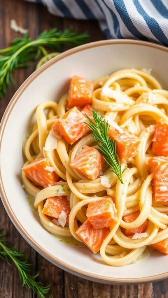 A bowl of creamy canned salmon pasta with lemon and dill, garnished with fresh dill and lemon slices.