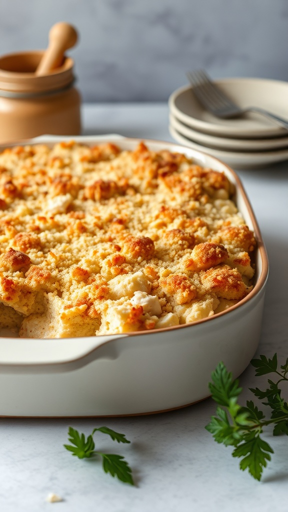 A creamy tuna casserole topped with crispy breadcrumbs in a baking dish.