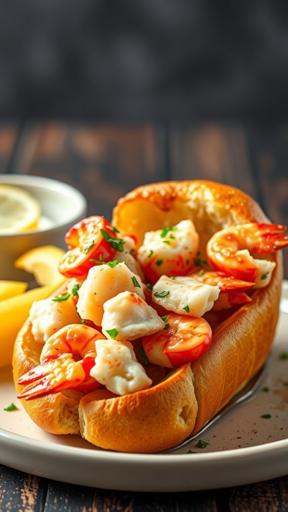 A delicious garlic butter lobster roll filled with lobster meat, served on a plate with lemon slices.