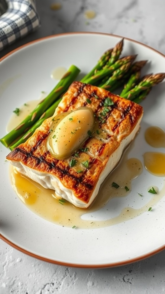 Grilled black cod fillet with garlic butter and asparagus on a plate