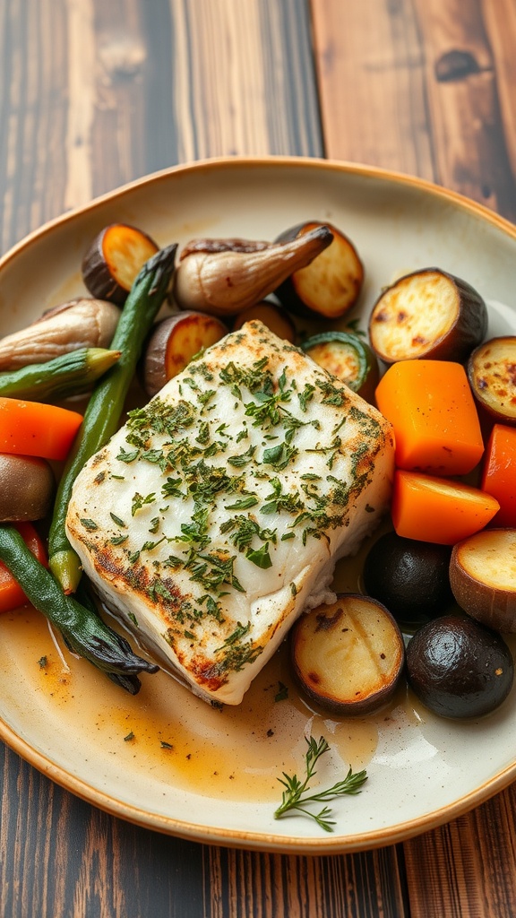 A plate of herb-crusted black cod with roasted vegetables including carrots, green beans, and baby potatoes.