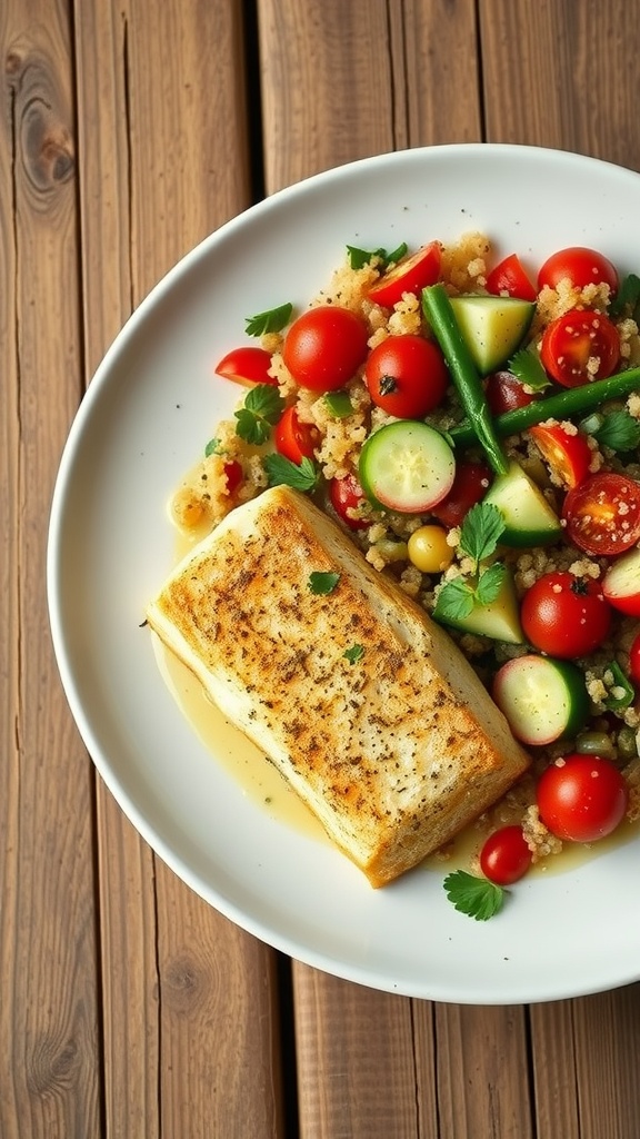 Plate of Lemon Herb Black Cod with Quinoa Salad featuring colorful vegetables.