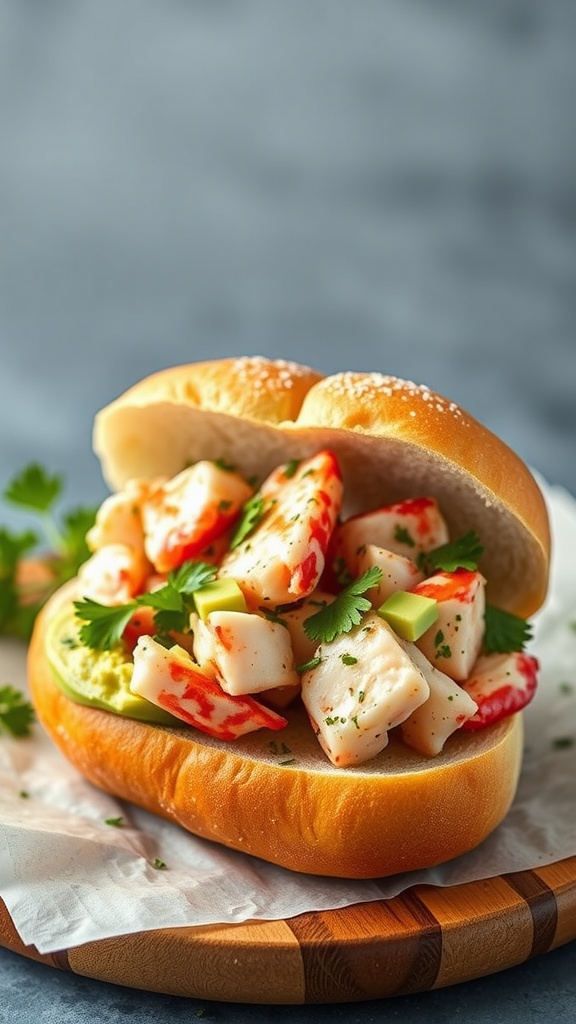 A delicious lobster roll filled with lobster meat, avocado, and cilantro, served in a toasted bun.