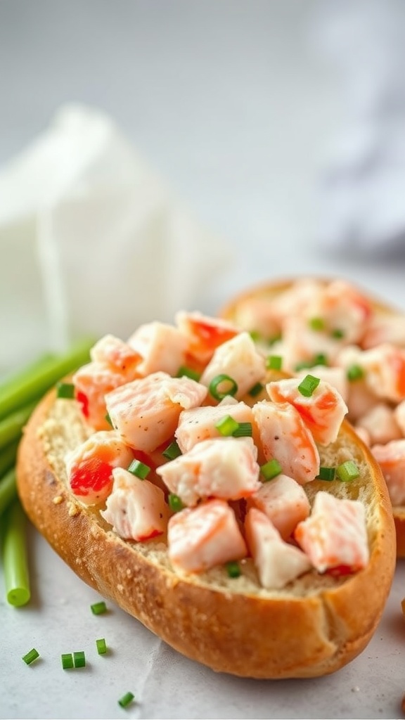 A delicious lobster roll filled with chopped lobster meat, celery, and chives, served in a toasted bun.
