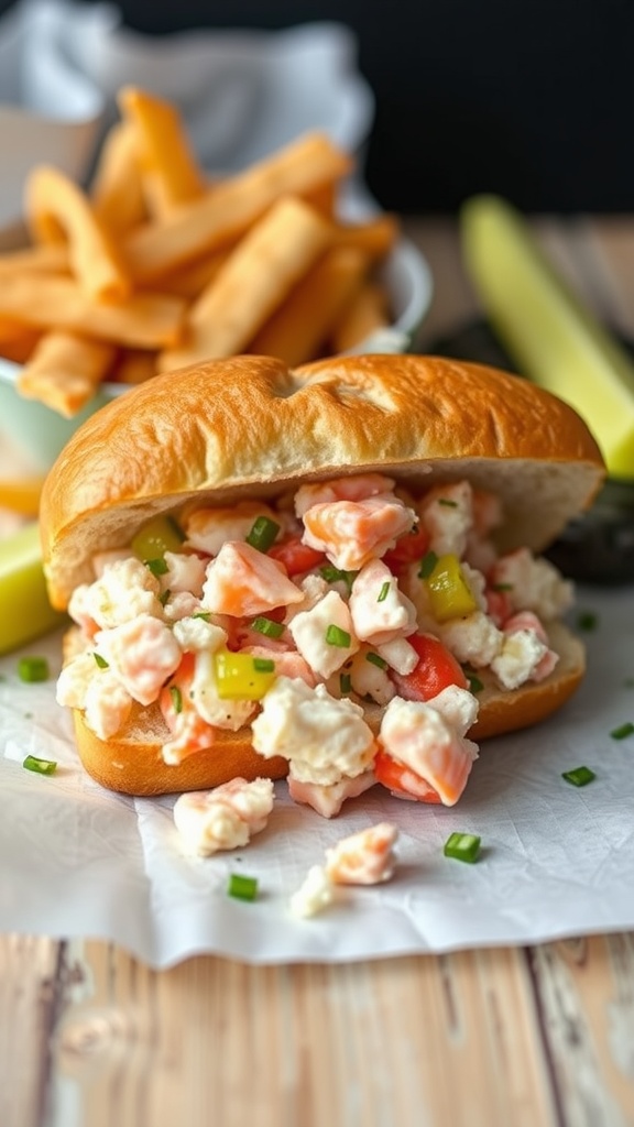 A delicious lobster roll filled with lobster salad and dill pickle relish, served with fries and pickles.