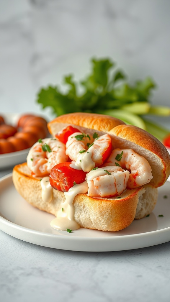 A delicious lobster roll filled with lobster meat and garlic aioli, garnished with parsley.
