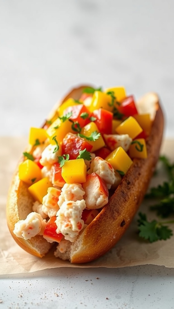 A lobster roll filled with chopped lobster meat and topped with colorful mango salsa, served in a toasted bun.