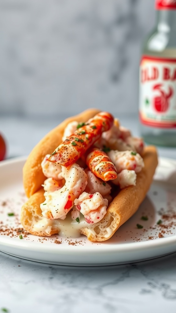 Lobster roll filled with chunks of lobster meat and Old Bay seasoning