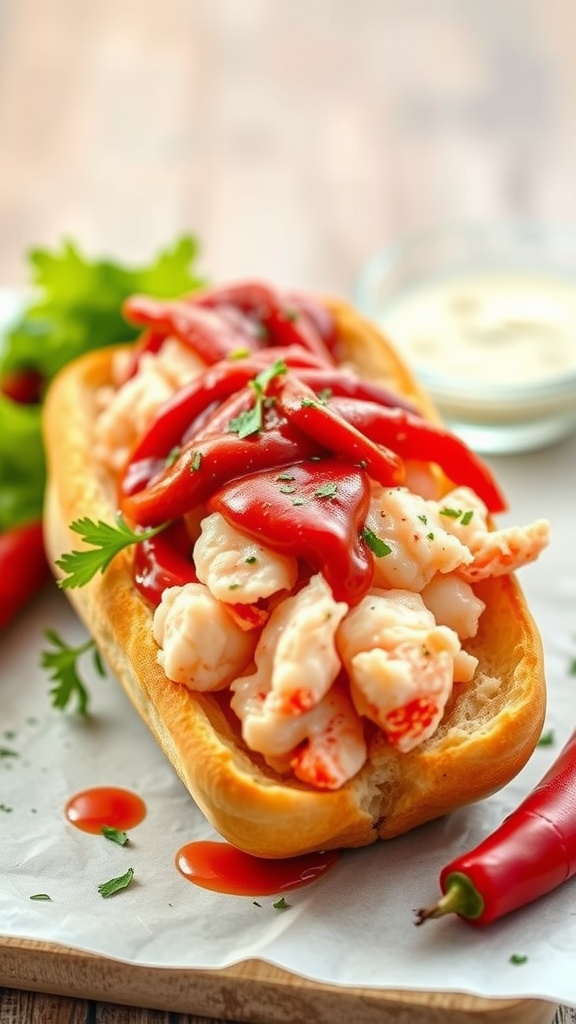 Lobster roll topped with roasted red pepper sauce, garnished with parsley.