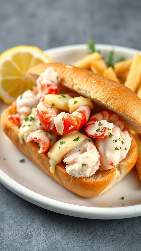 A delicious Maine lobster roll with lobster meat and lemon herb butter, served with fries.