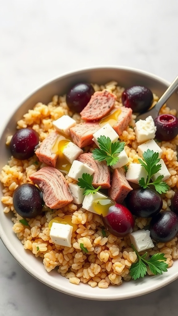 A Mediterranean Tuna Quinoa Bowl with quinoa, tuna, grapes, and feta cheese.