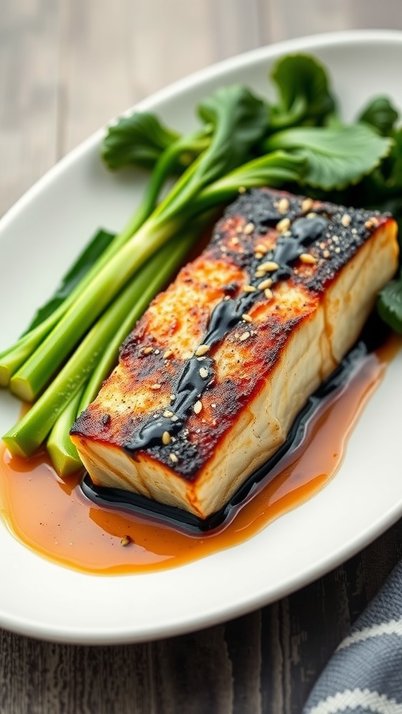 A plate of miso glazed black cod with sautéed bok choy on a wooden table.