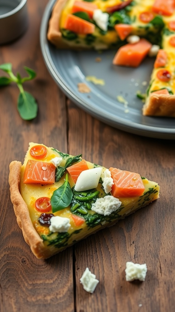 A slice of savory canned salmon quiche with spinach and feta on a wooden table.