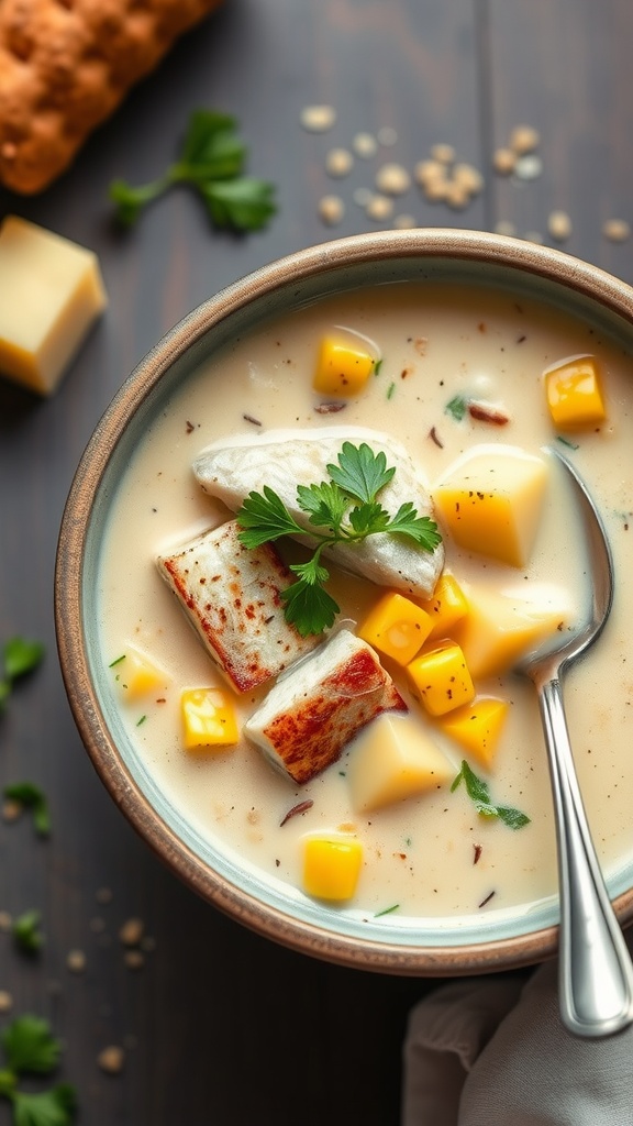 A bowl of Smoky Black Cod Chowder with potatoes, garnished with parsley.