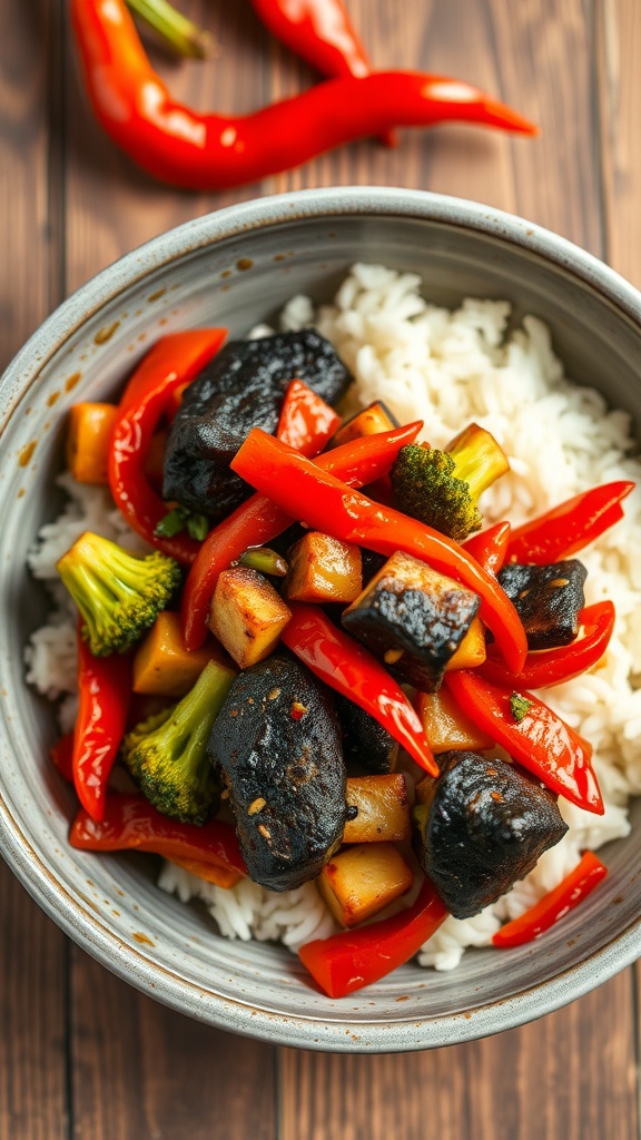 A plate of spicy black cod stir-fry with colorful vegetables served over rice.