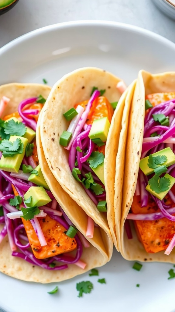 Spicy canned salmon tacos with cabbage slaw on a colorful plate