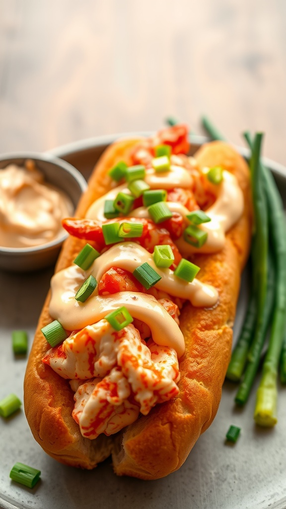 A spicy lobster roll topped with Sriracha mayo and green onions, served on a plate with a side of dipping sauce.