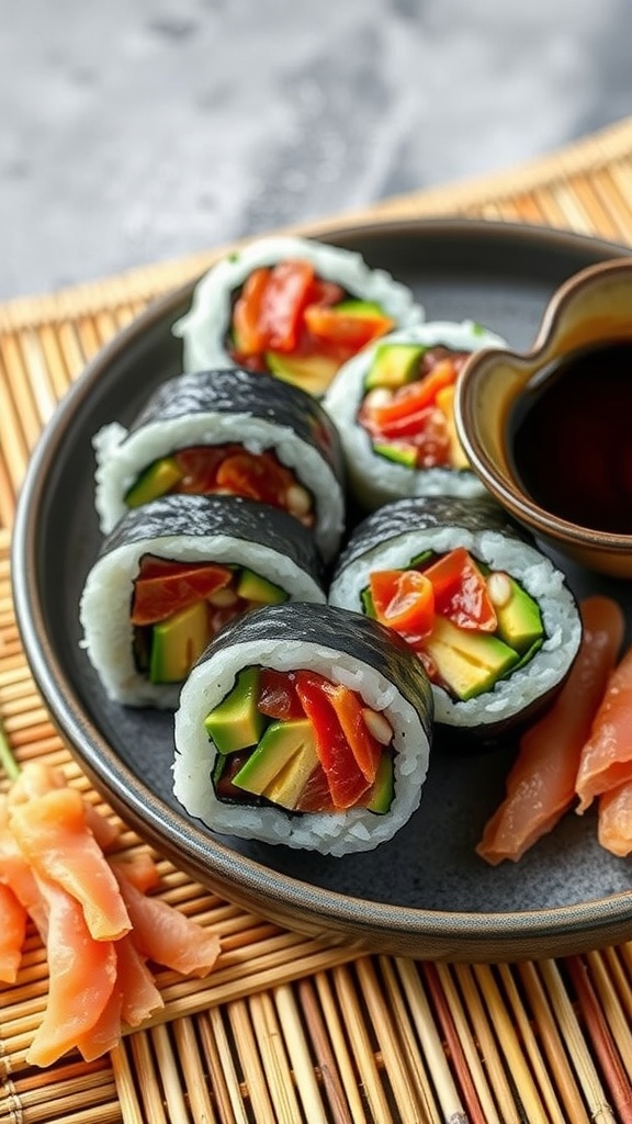 Spicy Tuna Sushi Rolls with Avocado on a plate with soy sauce and pickled ginger