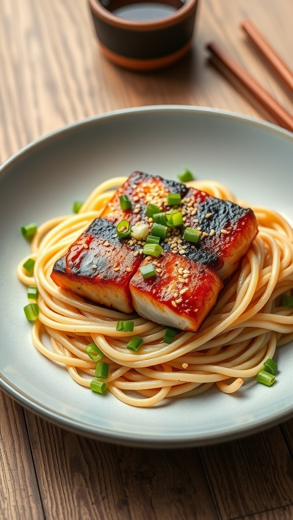 A plate of teriyaki black cod served on soba noodles, garnished with green onions and sesame seeds.