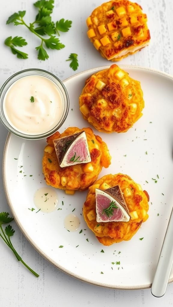 Plate of tuna and corn fritters served with spicy aioli