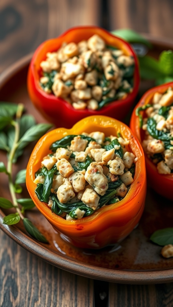 Tuna and Spinach Stuffed Bell Peppers on a wooden plate