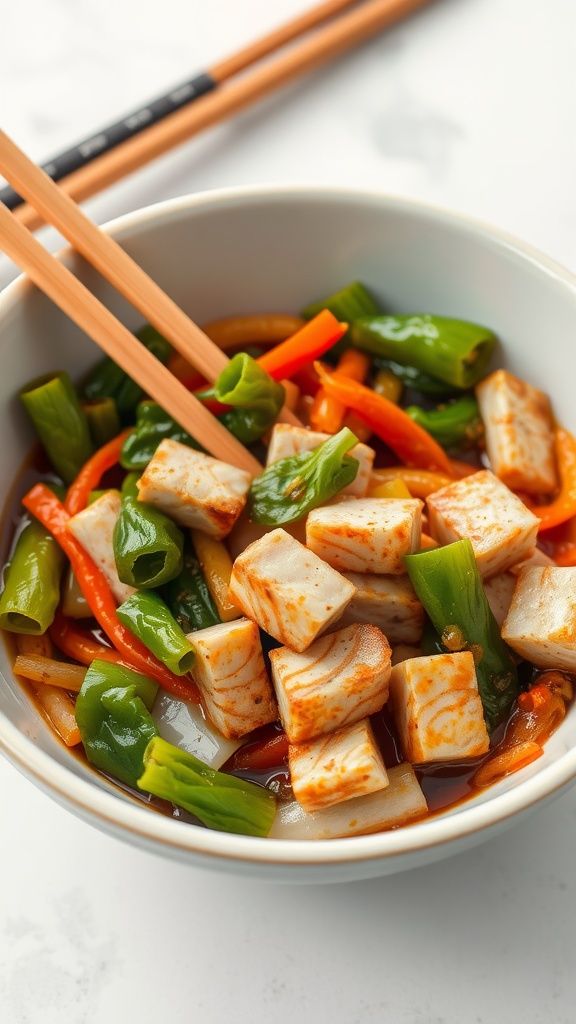 A bowl of tuna and vegetable stir-fry with colorful peppers and green beans, served with chopsticks.