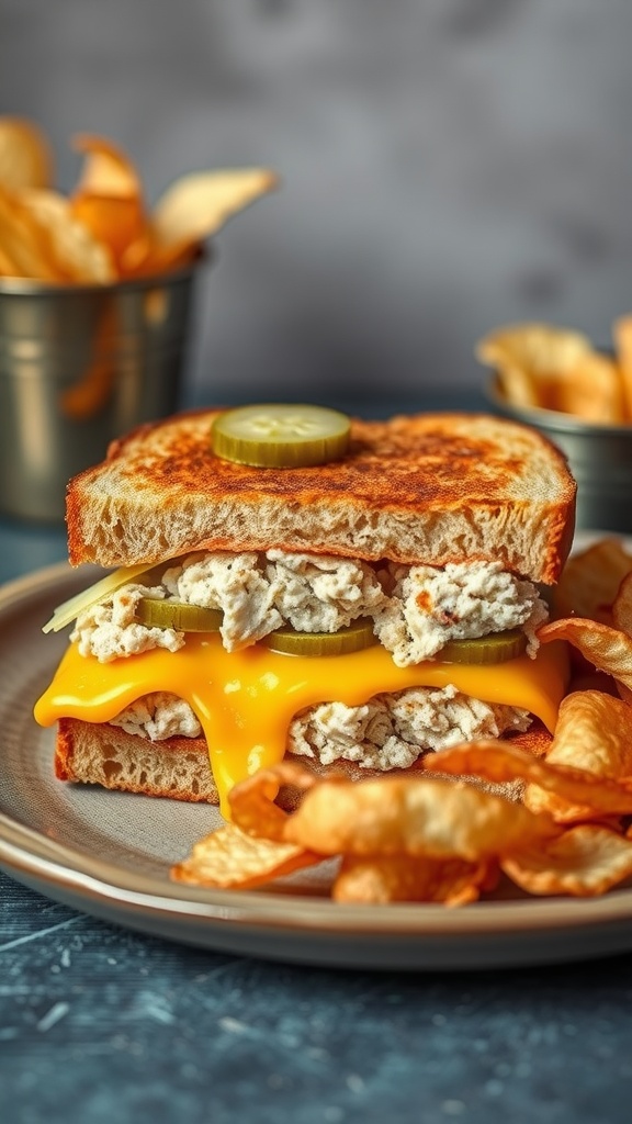 A delicious tuna melt sandwich with cheddar cheese and pickles, served with chips.