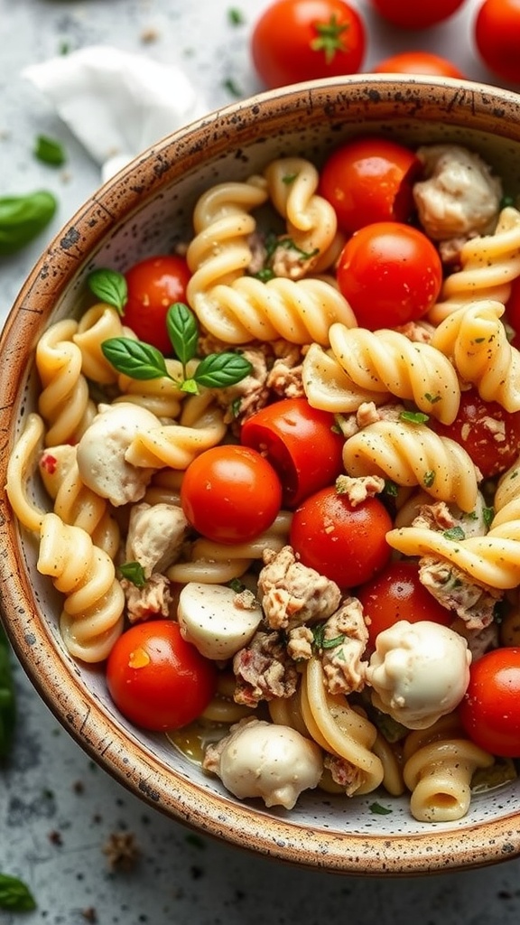 A bowl of Tuna Pasta Salad with cherry tomatoes and fresh basil.
