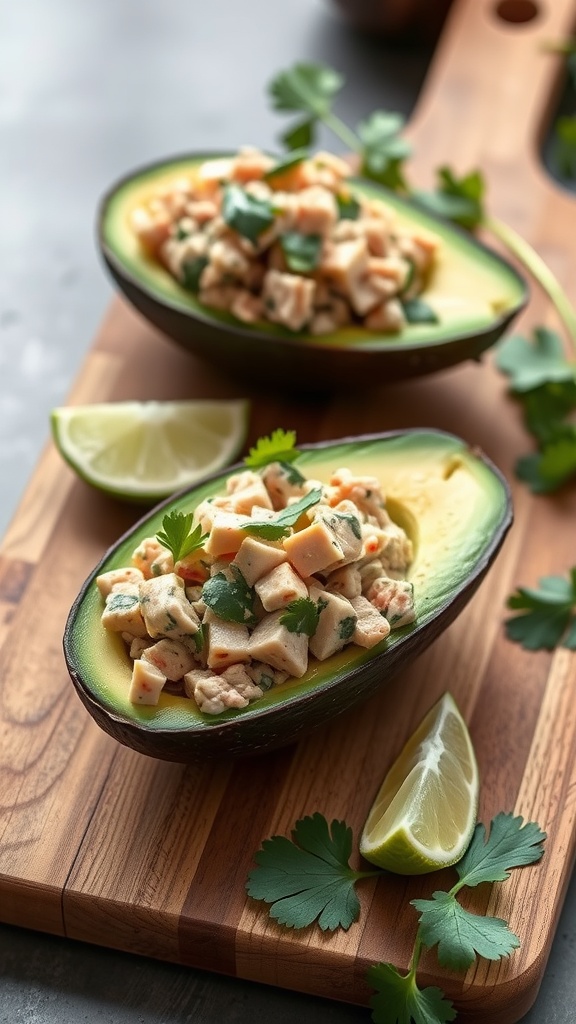 Tuna stuffed avocados with cilantro lime dressing on a wooden cutting board