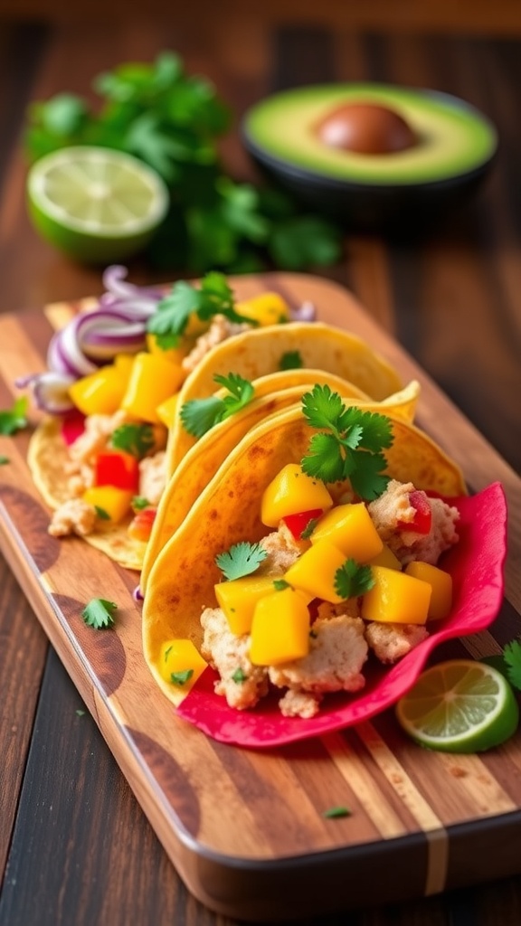 Tuna tacos with mango salsa on a wooden platter