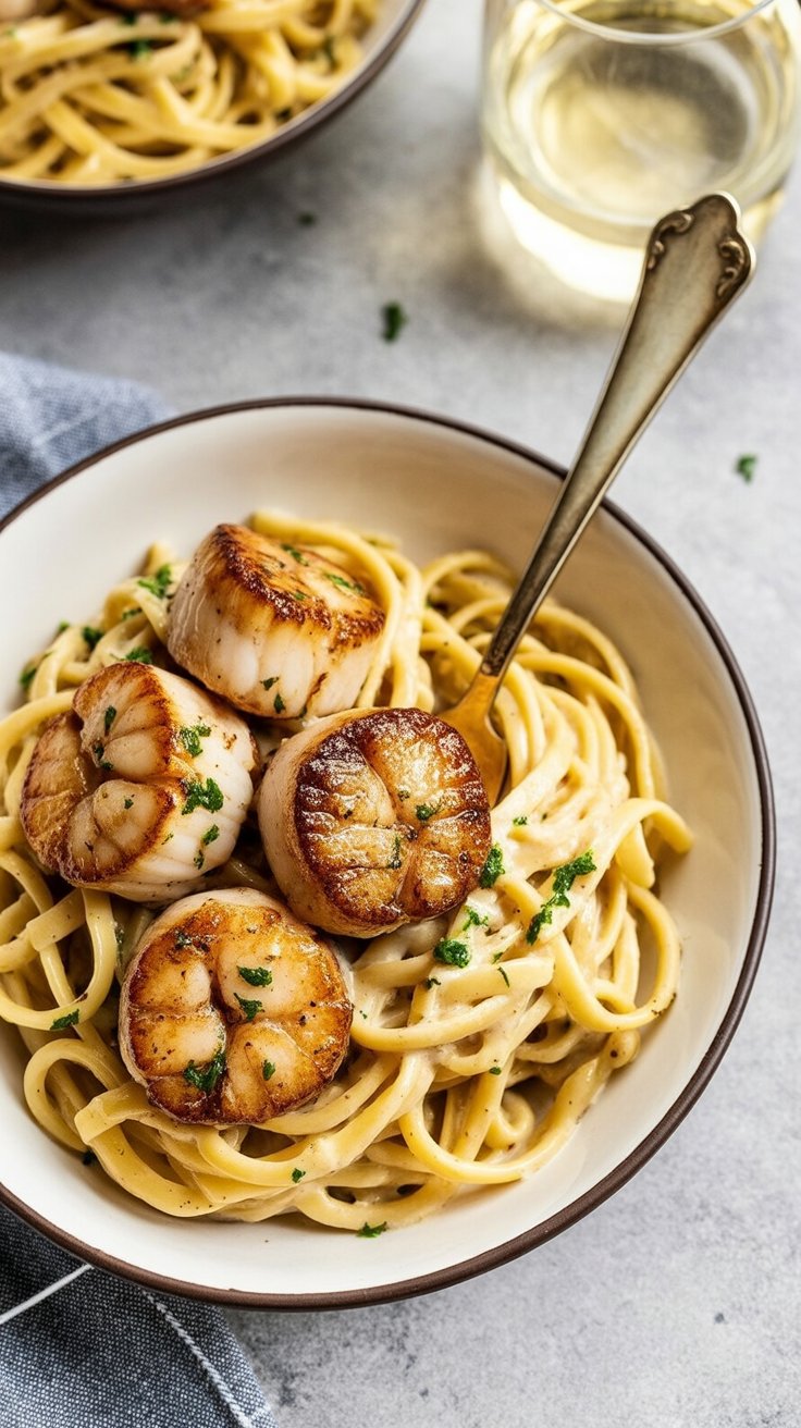 Creamy Garlic Pasta with Pan Seared Scallops