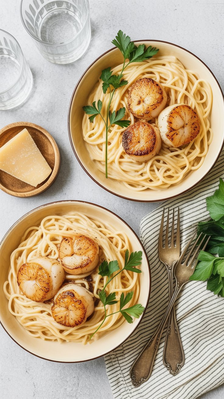 Creamy Garlic Pasta with Pan Seared Scallops