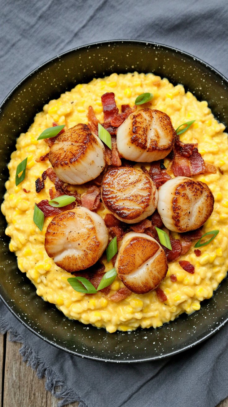 Seared Scallops with Creamy Corn and Bacon