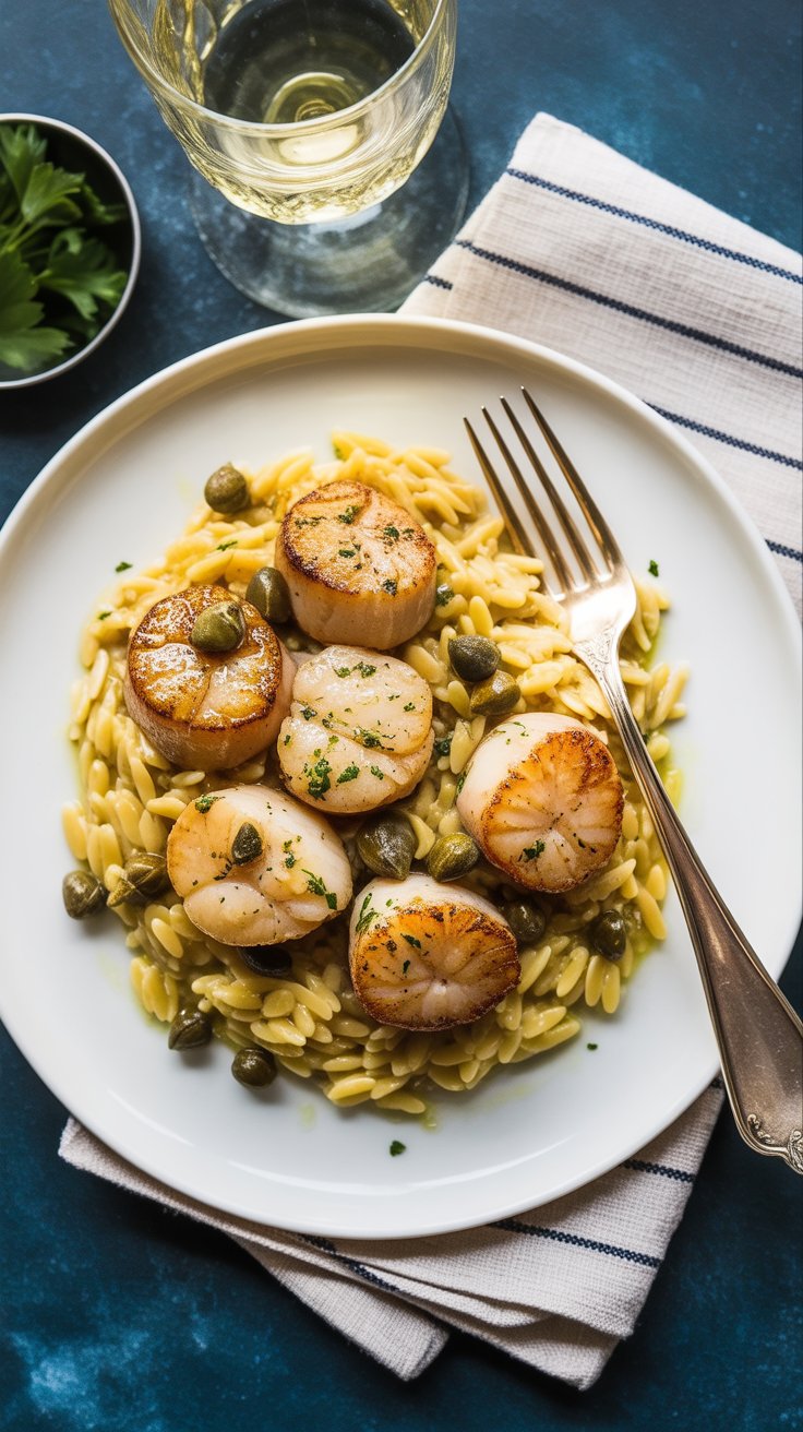 easy Creamy Lemon Dill Orzo with Seared Scallops