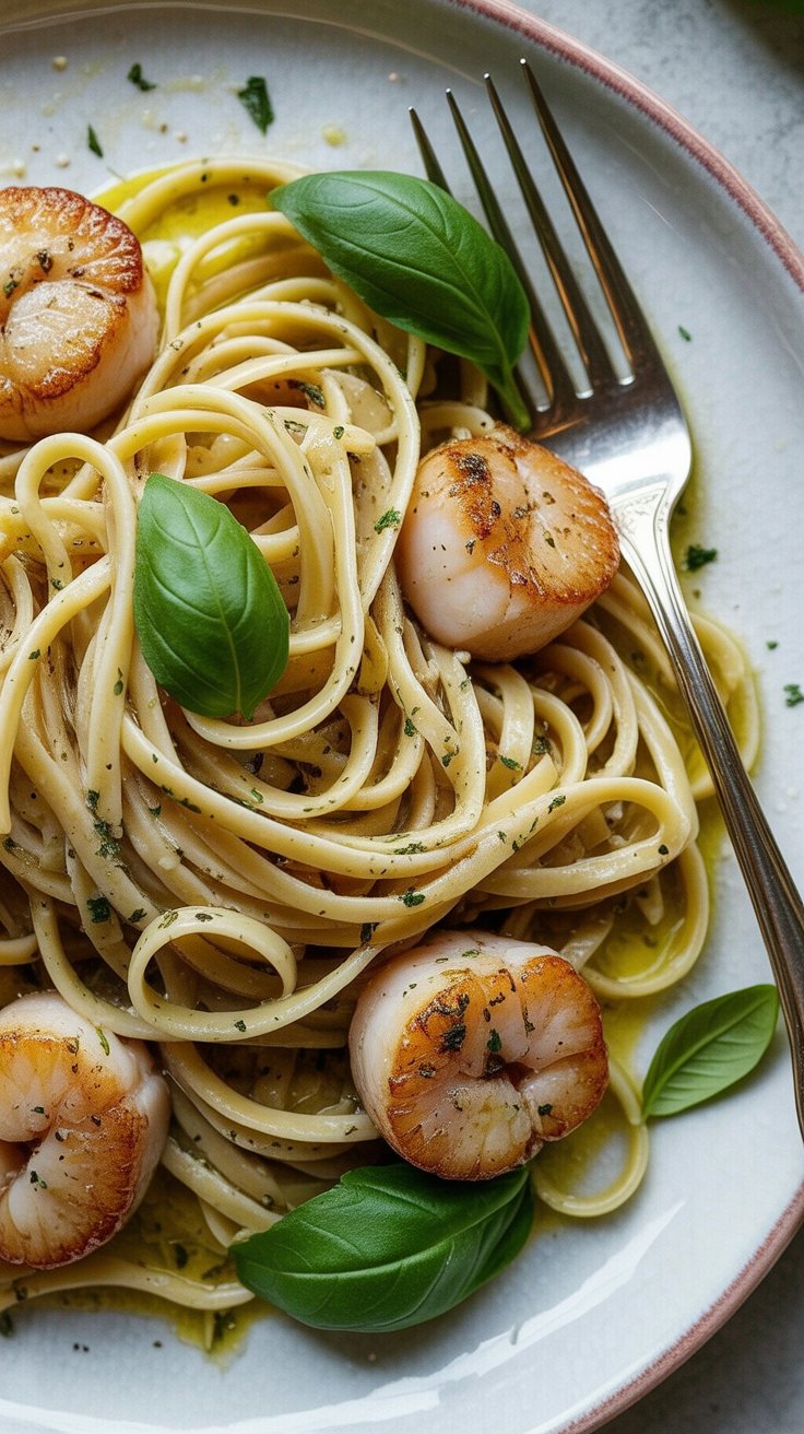 easy Lemon Fettuccine with Seared Scallops