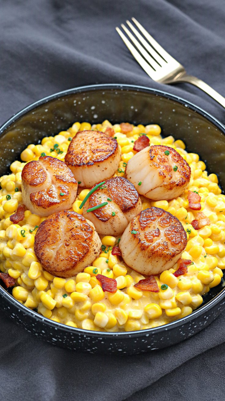 Seared Scallops with Creamy Corn and Bacon