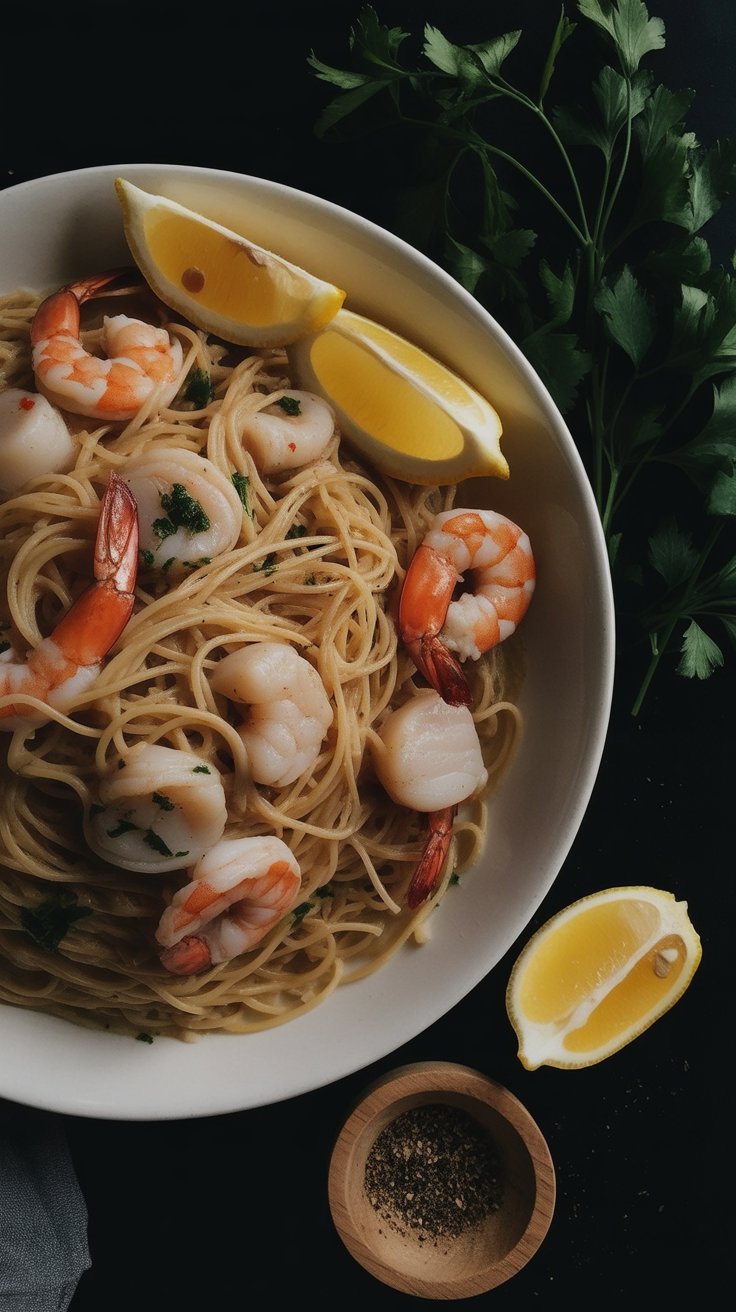 easy Shrimp and Scallop Scampi with Angel Hair Pasta
